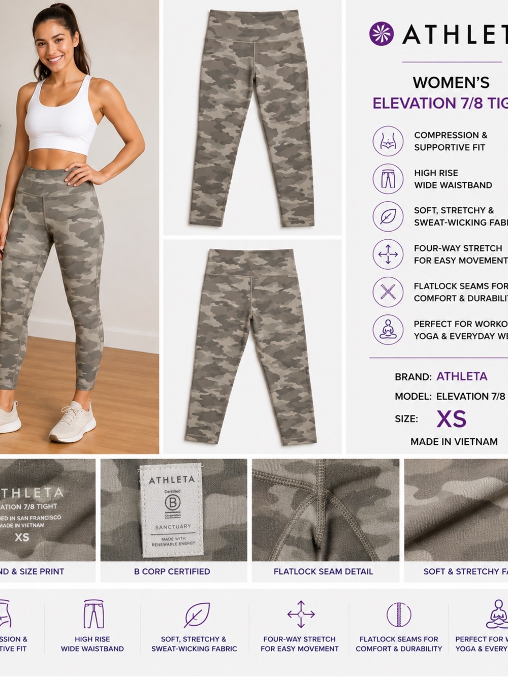 Athleta Elation 7/8 Tight in Light Camo Print, Size XS